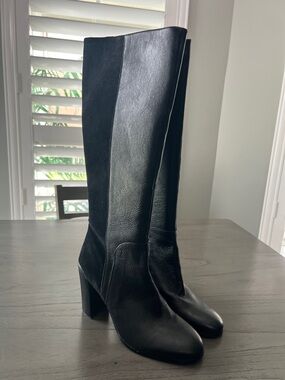 Katherine Kelly knee High Black Leather & Suede Block Heel Boots New